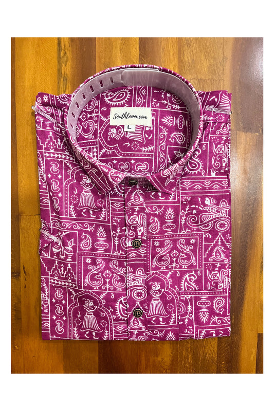 Southloom Jaipur Cotton Hand Block Printed Magenta Shirt (Half Sleeves)