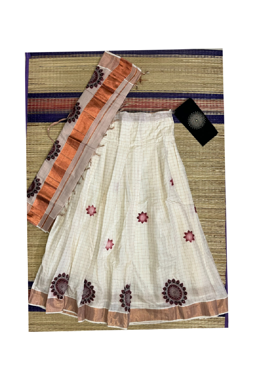 Semi Stitched Onam 2023 Dhavani Set with Copper Check and Printed Design Pavada and Black Bead Work Blouse Piece