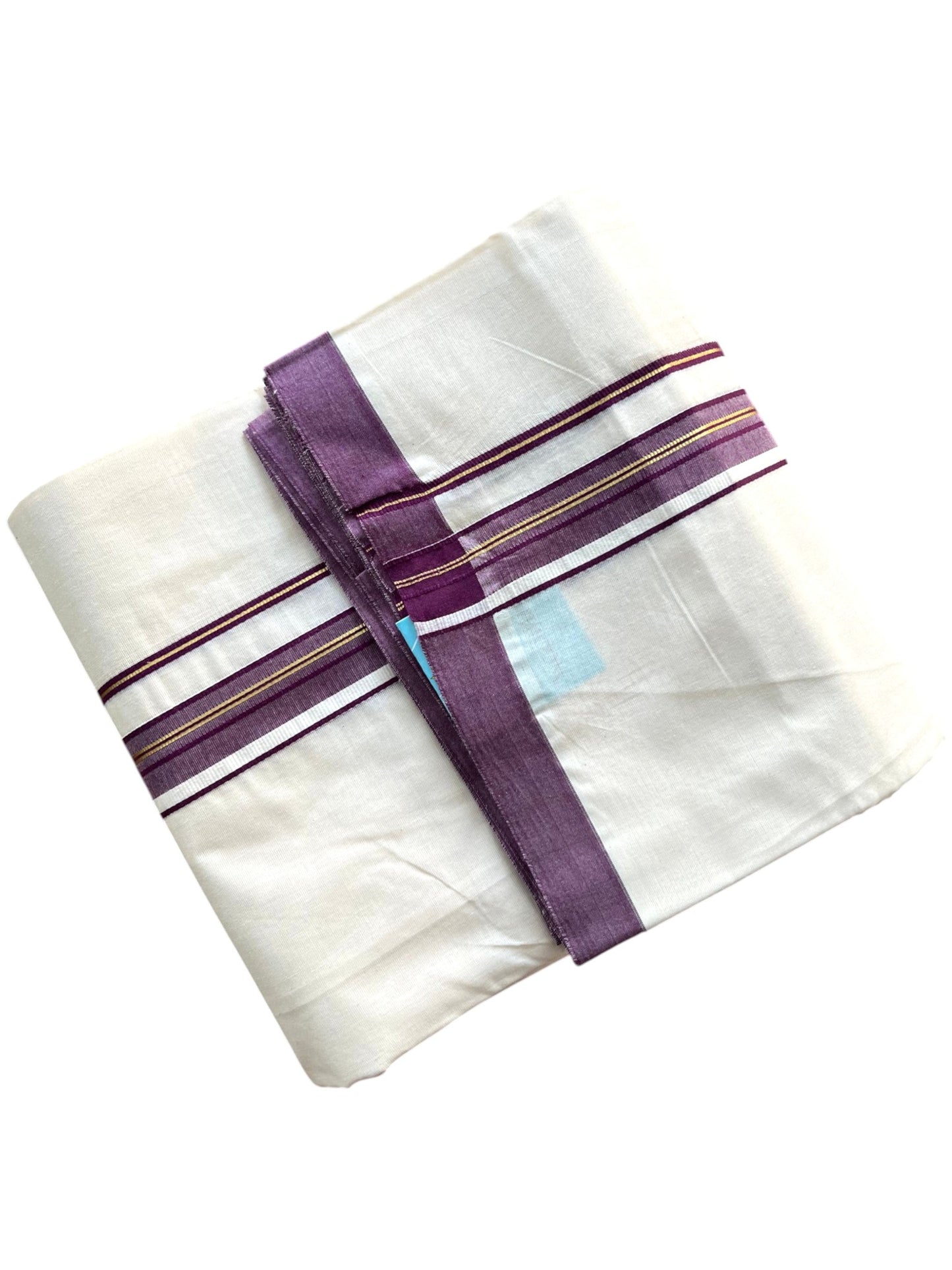 Southloom Pure Cotton Mundu with Golden Lines and Purple Border (South Indian Kerala Dhoti)