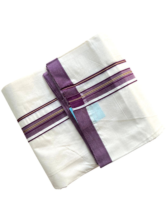 Southloom Pure Cotton Mundu with Golden Lines and Purple Border (South Indian Kerala Dhoti)