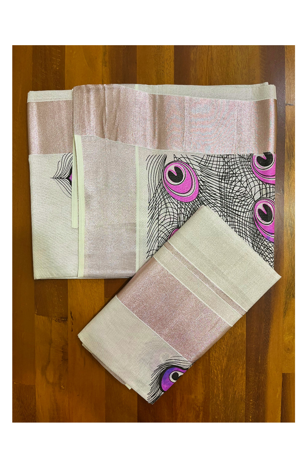 Rose Copper Tissue Single Set Mundu (Mundum Neriyathum) with Feather Block Printed Designs (Vishu 2024 Collection)