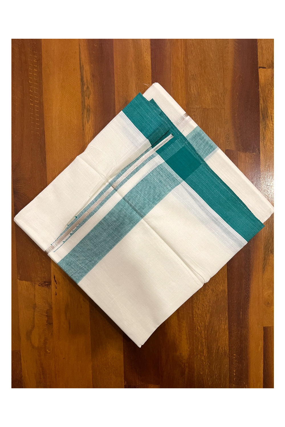 Pure Cotton Kerala Double Mundu with Green and Kasavu Line Chutti Border (South Indian Kerala Dhoti)