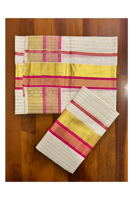 Kerala Cotton Set Mundu Single (Mundum Neriyathum) with Kasavu Lines on Body and Pinkish Magenta Border 2.80 Mtrs