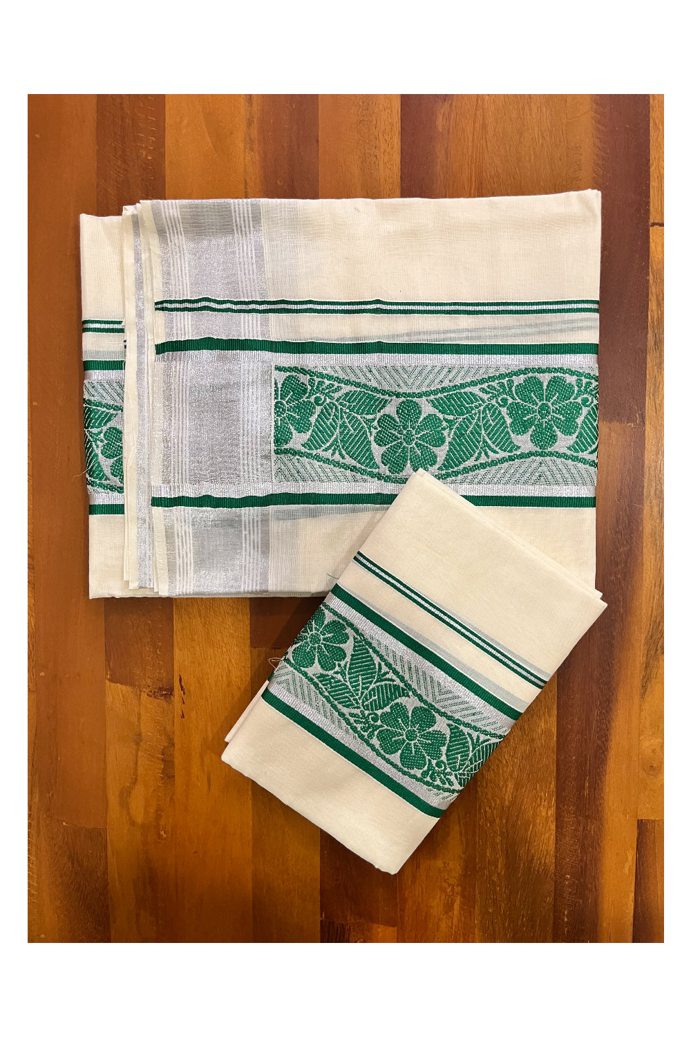 Kerala Cotton Mundum Neriyathum Single (Set Mundu) with Green Woven Designs and Silver Kasavu Border 2.80 Mtrs