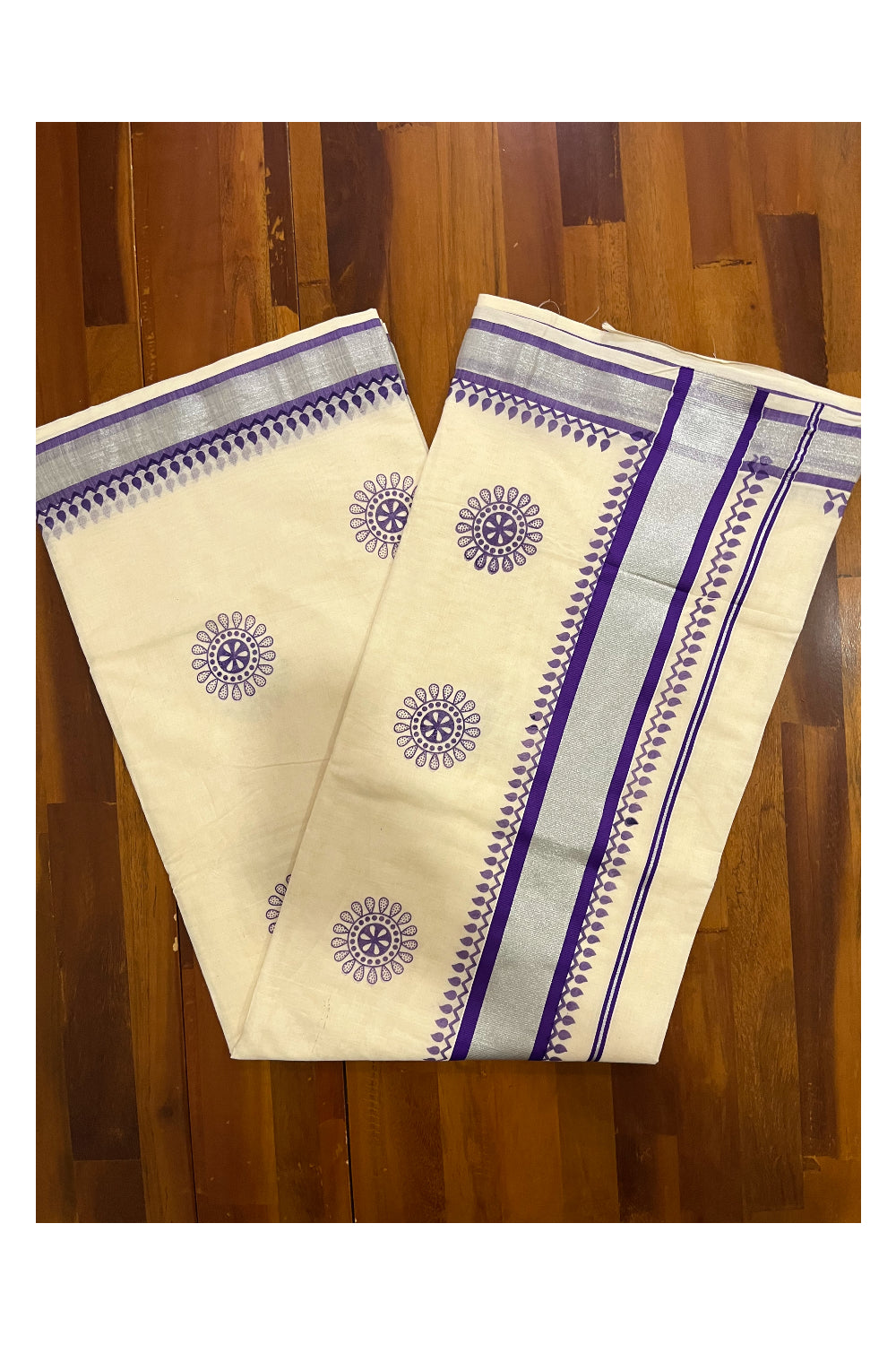 Kerala Pure Cotton Saree with Violet Block Prints and Silver Kasavu Border