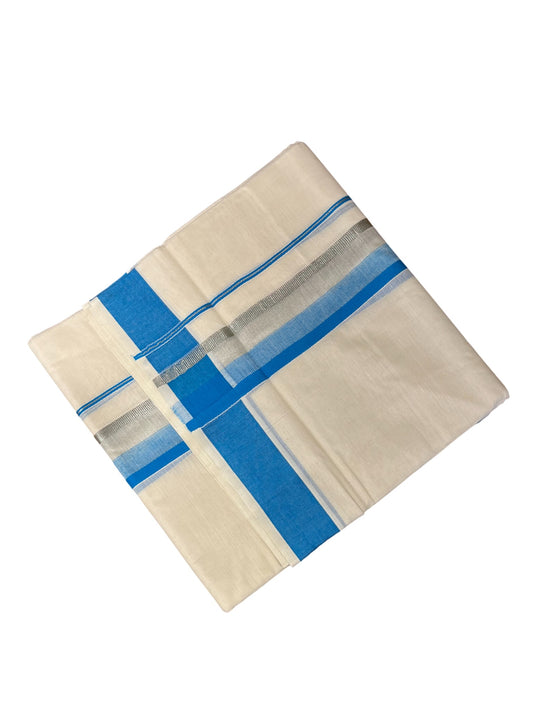 Southloom Kerala Pure Cotton Double Mundu with Silver Lines & Blue Border (South Indian Dhoti)