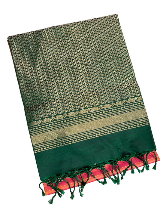 Southloom Pure Handloom Bridal Kanchipuram Silk Saree with Korvai Work (Orange & Green)