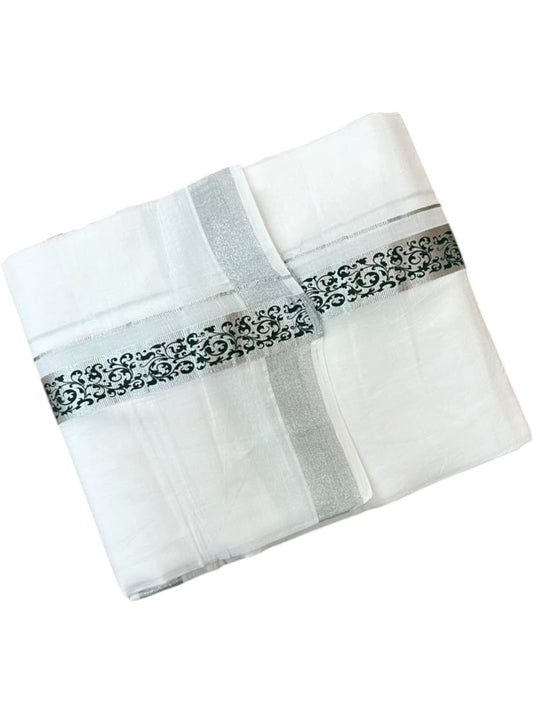 Southloom Pure White Cotton Mundu with Green and Silver Kasavu Border (South Indian Kerala Dhoti)