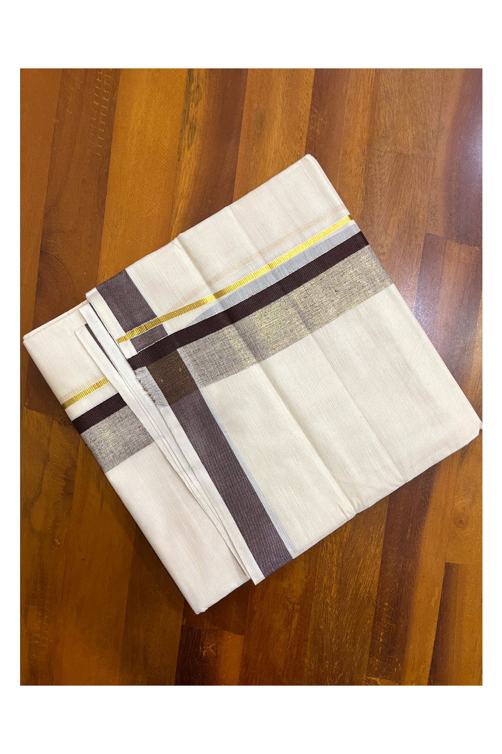 Kerala Pure Cotton Double Mundu with Brown and Kasavu Border (South Indian Kerala Dhoti)