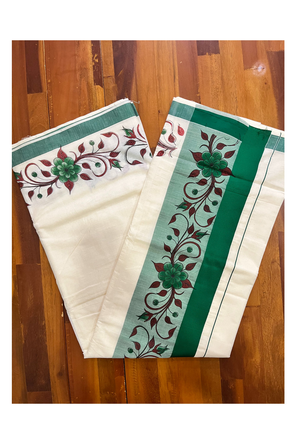 Pure Cotton Kerala Saree with Floral Block Printed Green Border