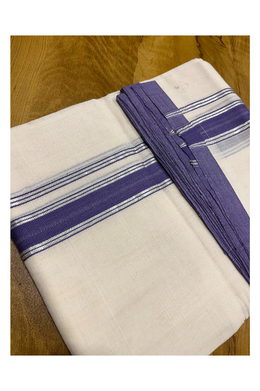 Premium Balaramapuram Handloom Unakkupaavu 1 inch Double Mundu with Silver Kasavu and Green and Purple Kara