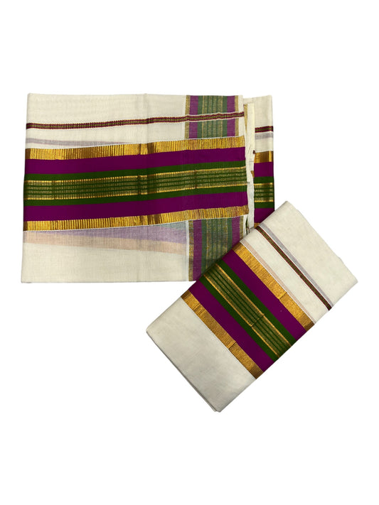 Kerala Cotton Kasavu Set Mundu (Mundum Neriyathum) with Magenta and Green Border
