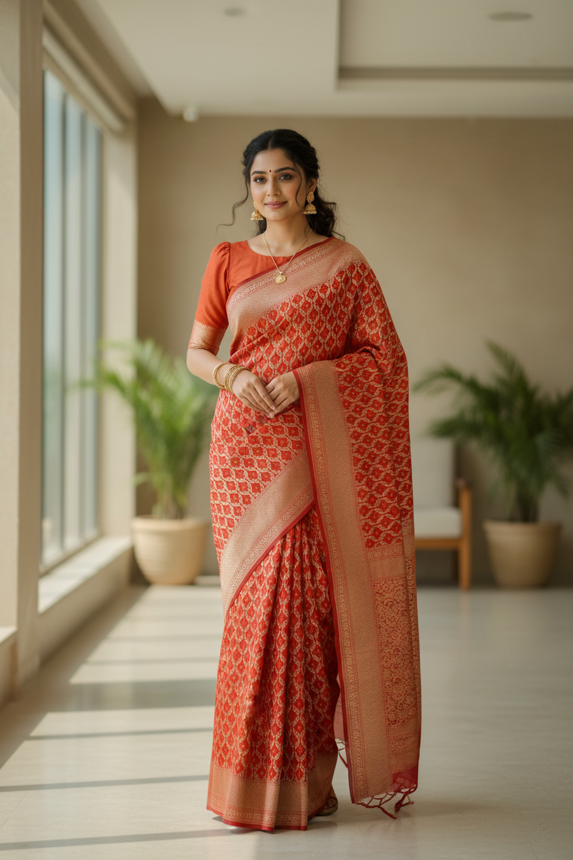 Southloom Cotton Banarasi Silk Saree with Woven Work on Body and Borders (Red & Orange)