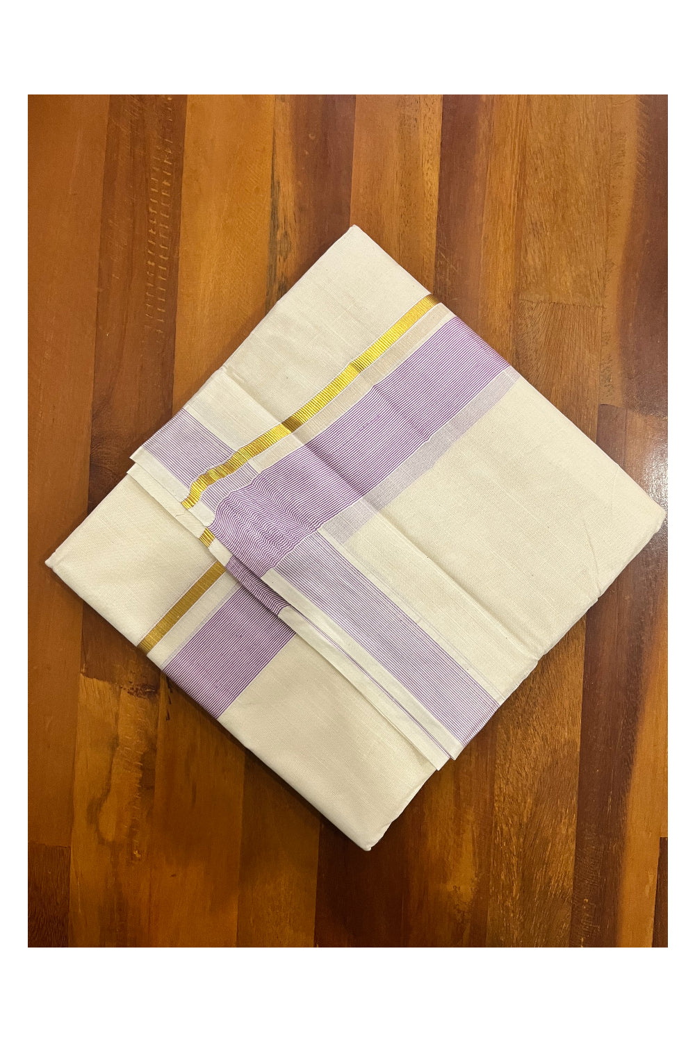 Pure Cotton Mundu with Light Violet Lines and Kasavu Border (South Indian Kerala Dhoti)