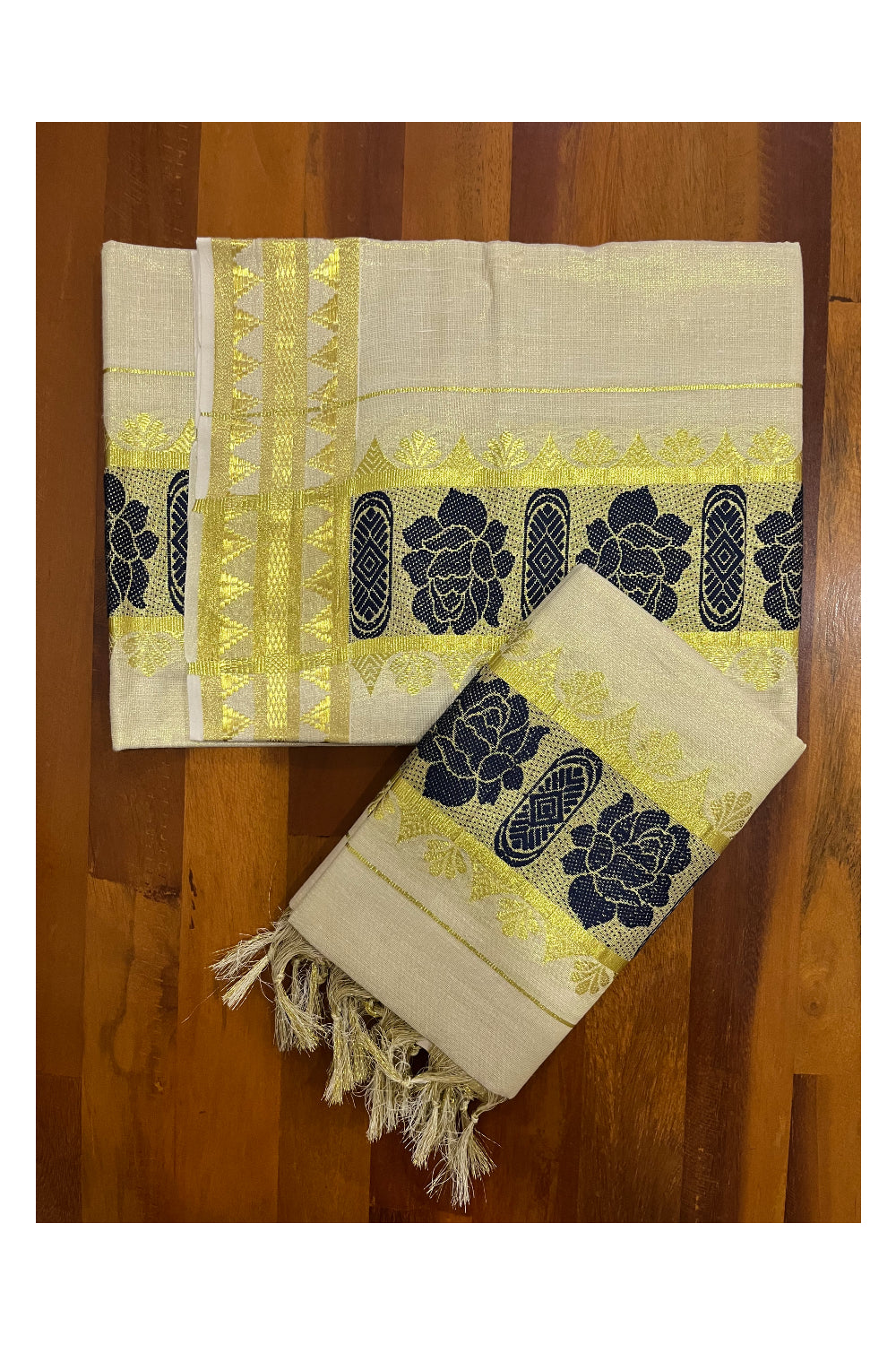 Kerala Cotton Set Mundu (Mundum Neriyathum) with Dark Blue Woven Design Border 2.80 Mtrs (Onam Set Mundu 2023)