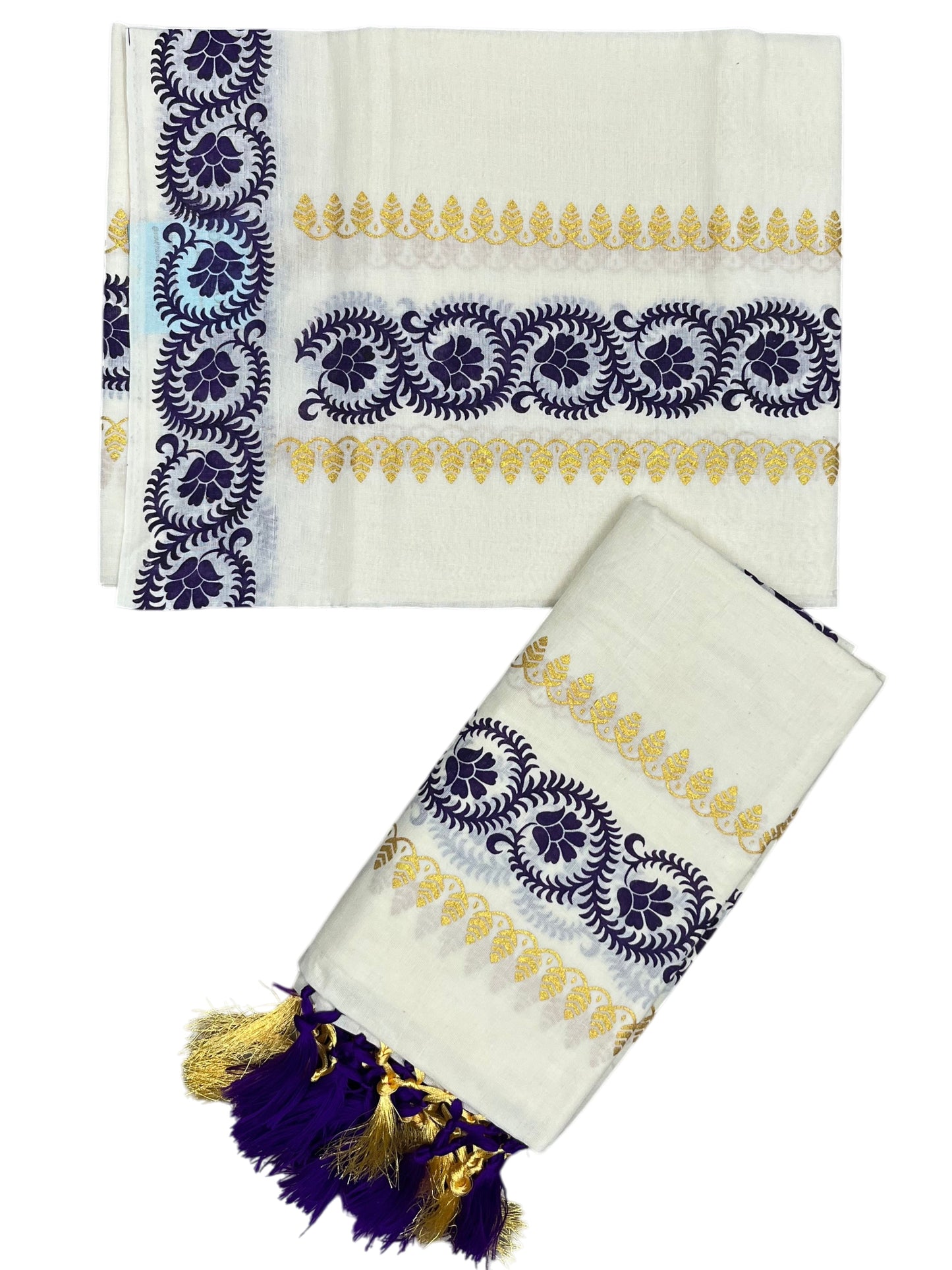 Southloom Cotton Single Set Mundu (Mundu Neriyathum) Voilet and Golden Printed Border With Tussles in 2.80 Mtrs