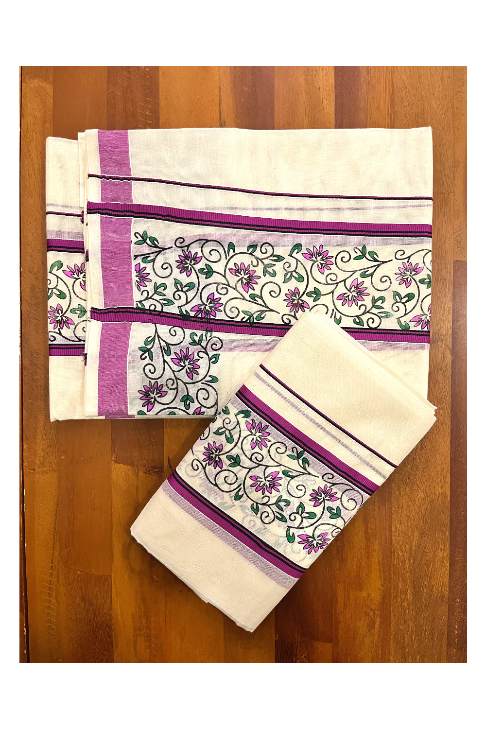 Kerala Cotton Set Mundu Single (Mundum Neriyathum) with Magenta Floral Block Printed Border