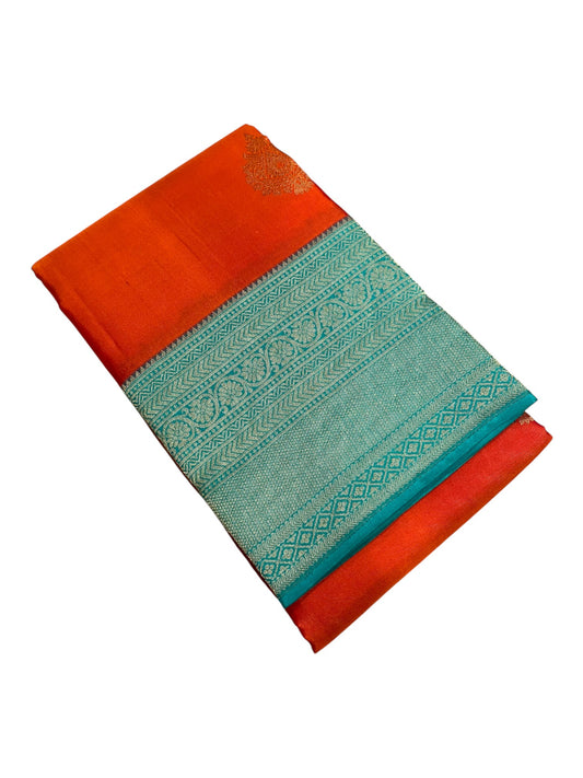 Southloom Premium Bridal Handloom Kanchipuram Silk Saree With Butta Works (Orange & Blue)