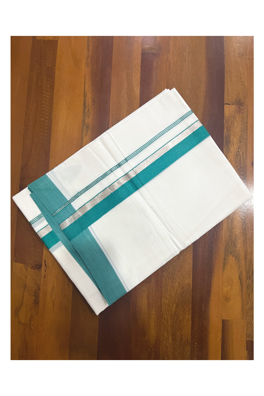 Pure White Cotton Double Mundu with Green and Silver Kasavu Border (South Indian Dhoti)