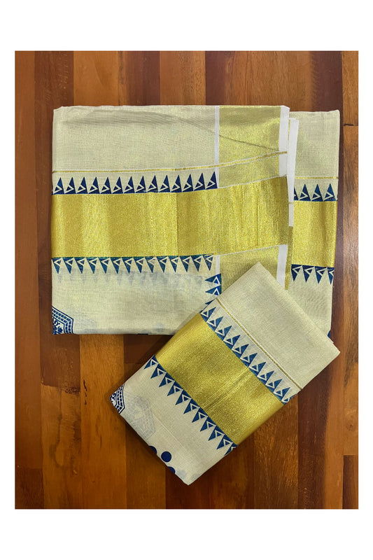 Kerala Tissue Single Set Mundu (Mundum Neriyathum) with Blue Block Prints and Temple Border 2.80 Mtrs