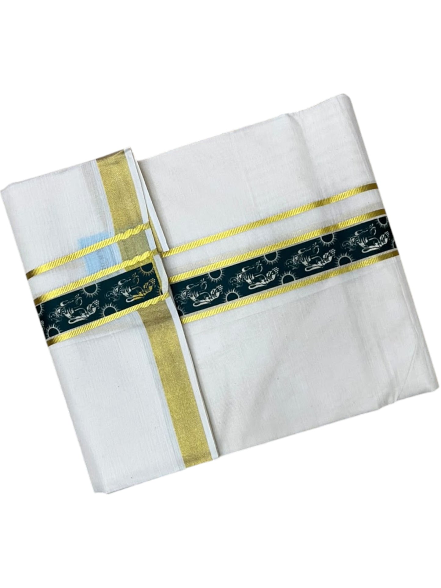 Southloom Pure Cotton Double Mundu with Green Block Printed And Ksavu Border (South Indian Kerala Dhoti)