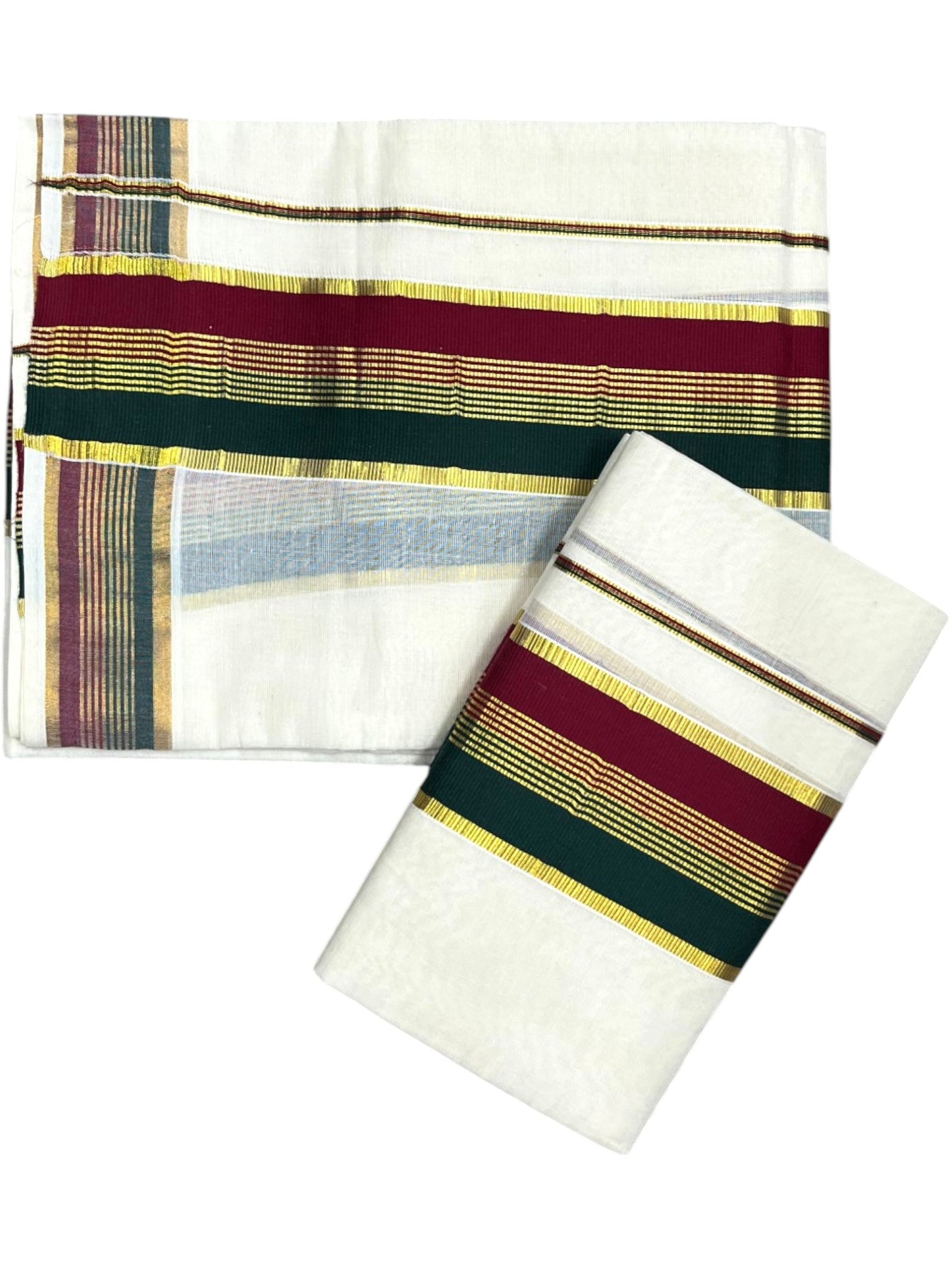 Southloom Kerala Cotton Kasavu Single Set Mundu (Mundum Neriyathum) with Green and Maroon Kasavu Border SLKK