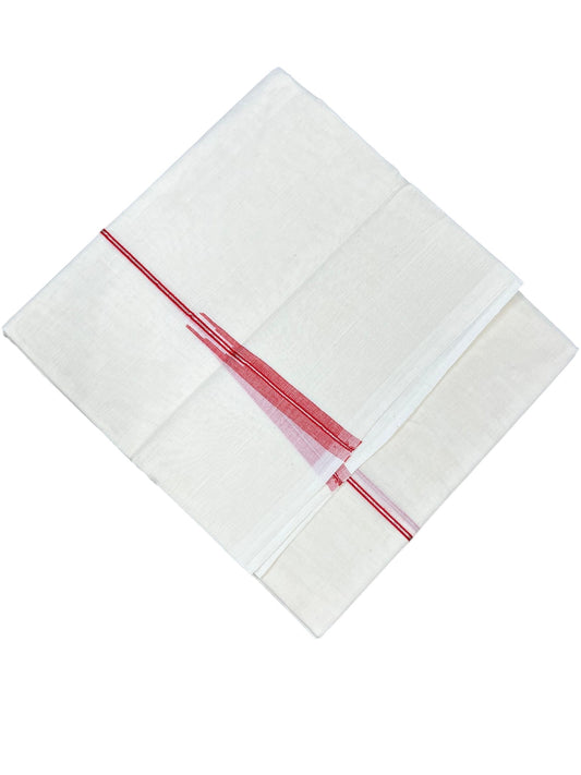 Kerala Pure Cotton Double Mundu with Red And Silver Chutti Kara (South Indian Kerala Dhoti)