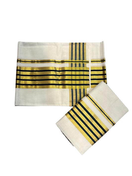 Southloom Premium Handloom Cotton Set Mundu (Mundum Neriyathum) with Kasavu and Green Lines Border 2.80 Mtrs