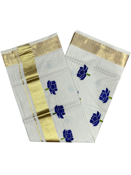 Southloom Kerala Cotton Kasavu Saree with Blue Lotus Embroidery Design