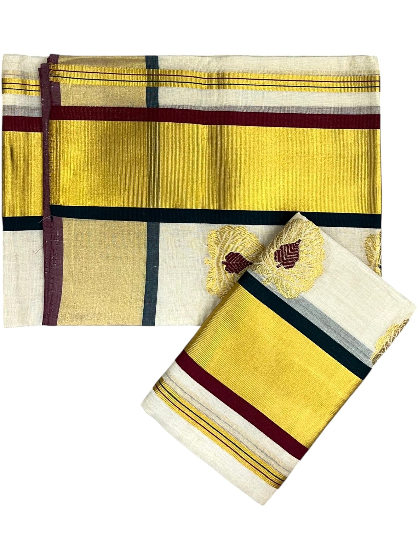 Southloom Premium Tissue Handloom Set Mundu with Green & Maroon Alila Leaf Desgin And Gold Kasavu Border (2.80 Mtr) SL632