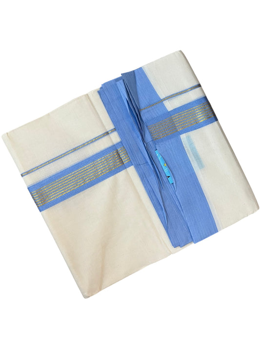 Southloom Pure Cotton Mundu with Golden Lines and Blue Border (South Indian Kerala Dhoti)