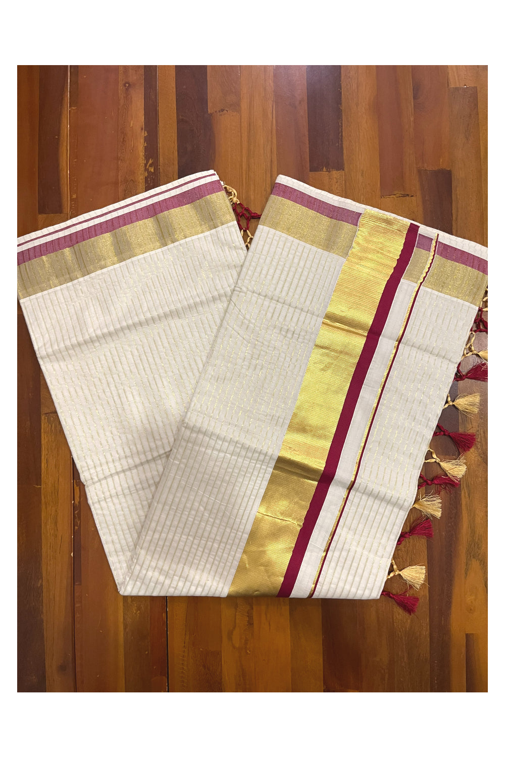 Pure Cotton Kerala Kasavu Lines Design Saree with Maroon Border and Tassels Work (Onam Saree 2023)