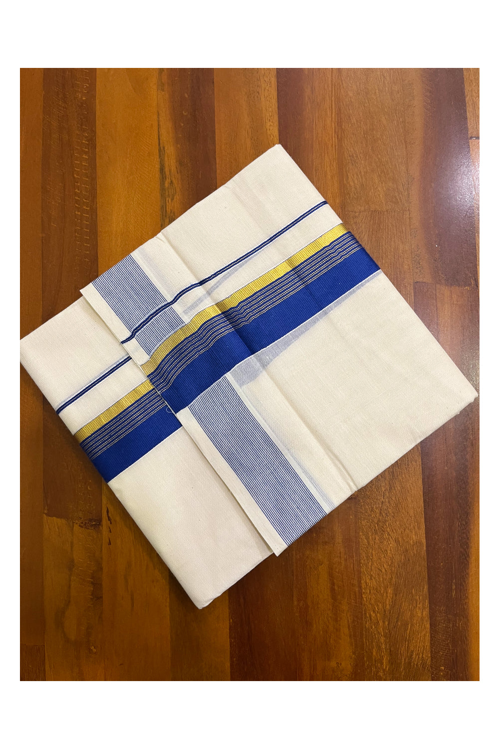 Kerala Pure Cotton Double Mundu with Blue and Kasavu Border (South Indian Kerala Dhoti)