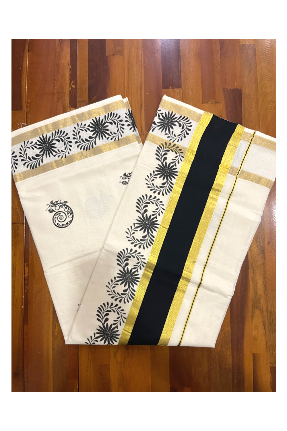 Pure Cotton Kerala Saree with Black Floral Block Printed Kasavu Border