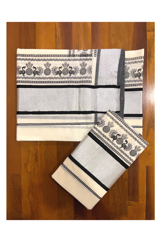 Pure Cotton Kerala Single Set Mundu (Mundum Neriyathum) with Black Block Printed Silver Kasavu Border