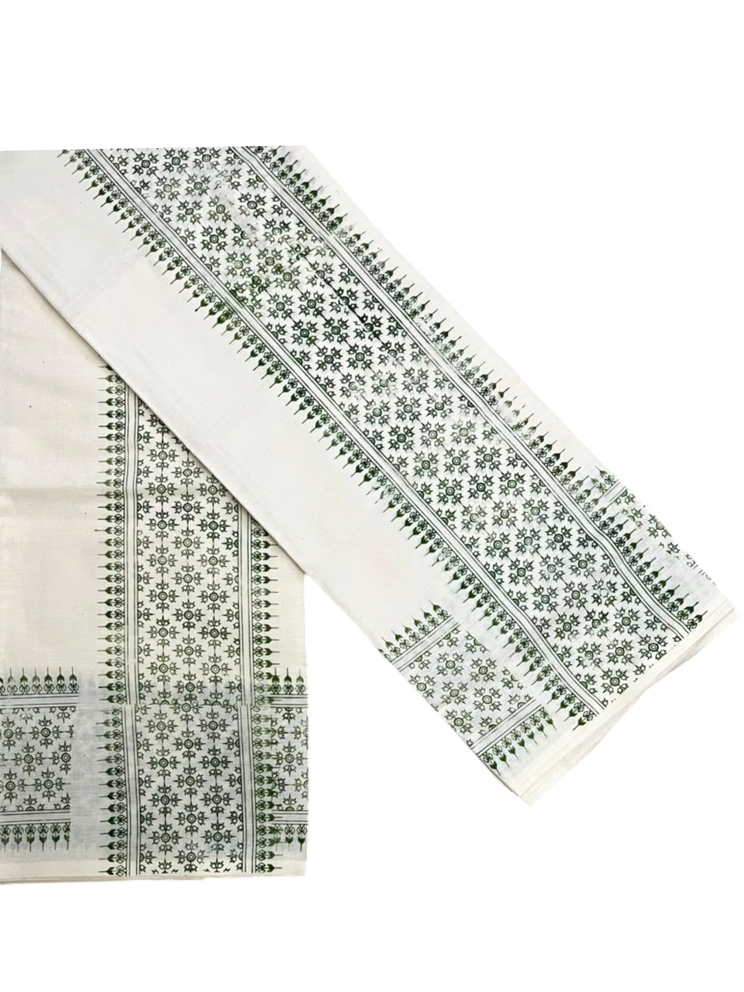 Southloom Kerala Cotton Set Mundu (Mundum Neriyathum) with Green Floral Prints on Border-2.80Mtrs SL625