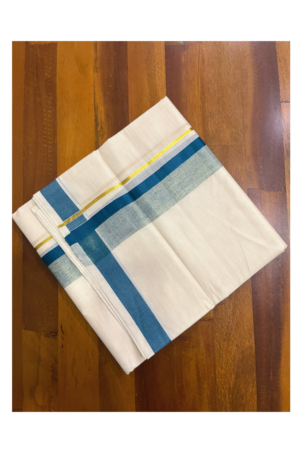 Kerala Pure Cotton Double Mundu with Teal Blue and Kasavu Border (South Indian Kerala Dhoti)