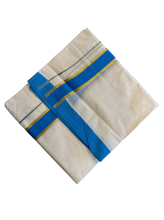 Southloom Pure Cotton Mundu with Gold Kasavu and Blue Colour Border (South Indian Kerala Dhoti)