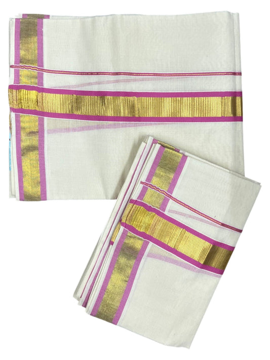 Kerala Cotton Set Mundu (Mundum Neriyathum) with Kasavu and Pink Border 2.80 Mtrs SL244