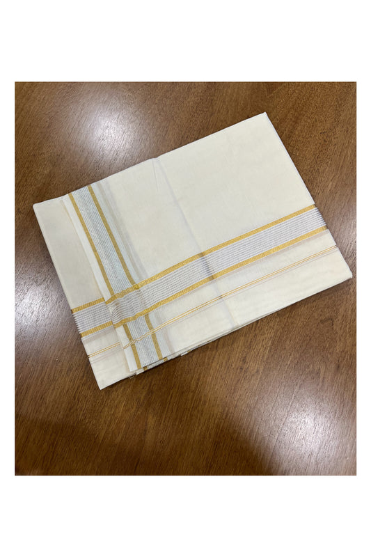 Pure Cotton Off White Double Mundu with Silver and Gold Kasavu Lines Kara (South Indian Kerala Dhoti)