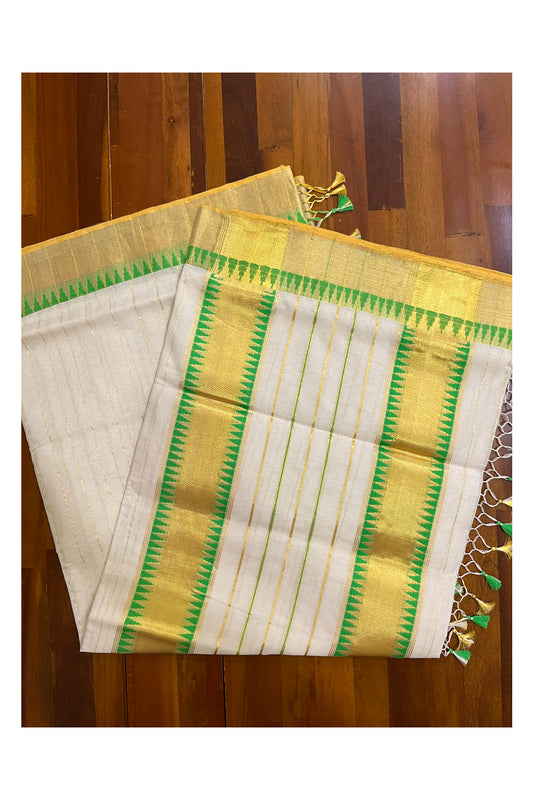 Southloom Super Premium Balaramapuram Unakkupaavu Handloom Saree with Green and Kasavu Lines Across Body and Temple Border