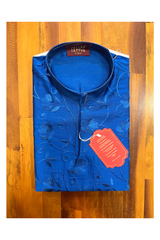 Southloom Blue Floral Woven Semi Silk Short Kurta for Men