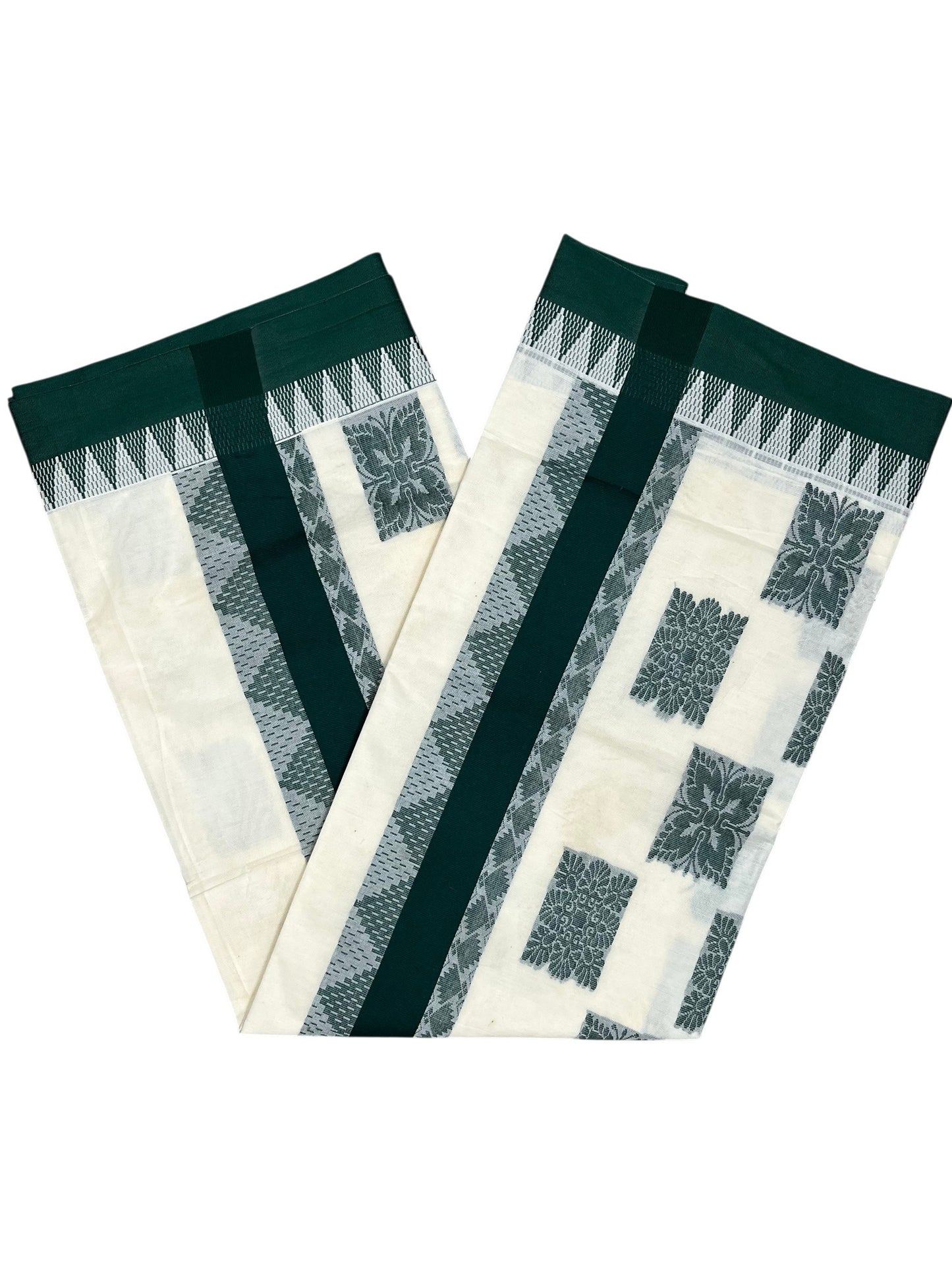 Southloom Pure Cotton Kerala Saree with Green Heavy Woven Designs and Temple Border