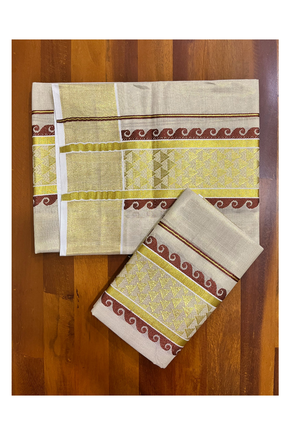 Kerala Tissue Single Set Mundu (Mundum Neriyathum) with Brown and Kasavu Woven Border 2.80 Mtrs (Vishu 2024 Collection)