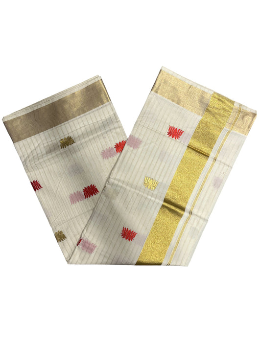 Southloom Kerala Cotton Kasavu Line Saree with Red Lotus Embroidery Works