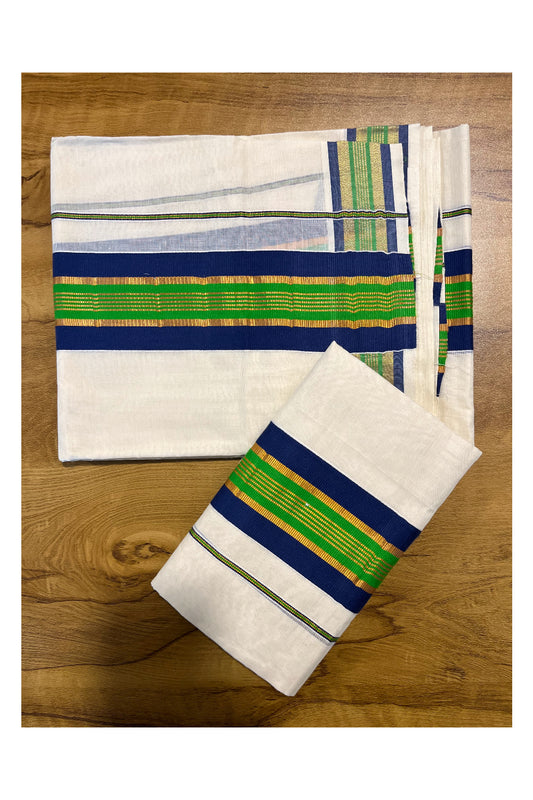 Kerala Cotton Kasavu Set Mundu (Mundum Neriyathum) with Blue and Green Border 2.80 Mtrs