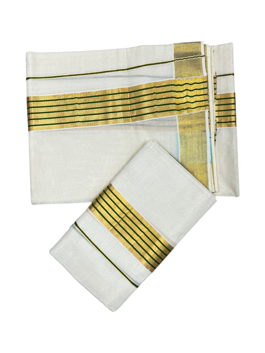 Southloom Pure Cotton Kerala Kasavu Double Set Mundu (Mundum Neriyathum) Kasavu & Green Border