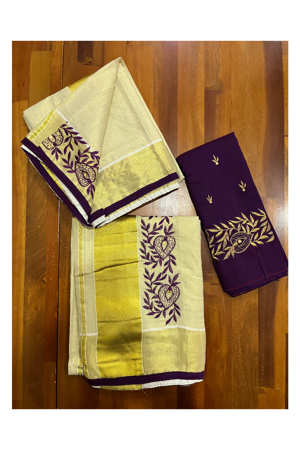 Kerala Tissue Kasavu Set Mundu (Mundum Neriyathum) with Handwork Embroidery Design and Purple Blouse Piece