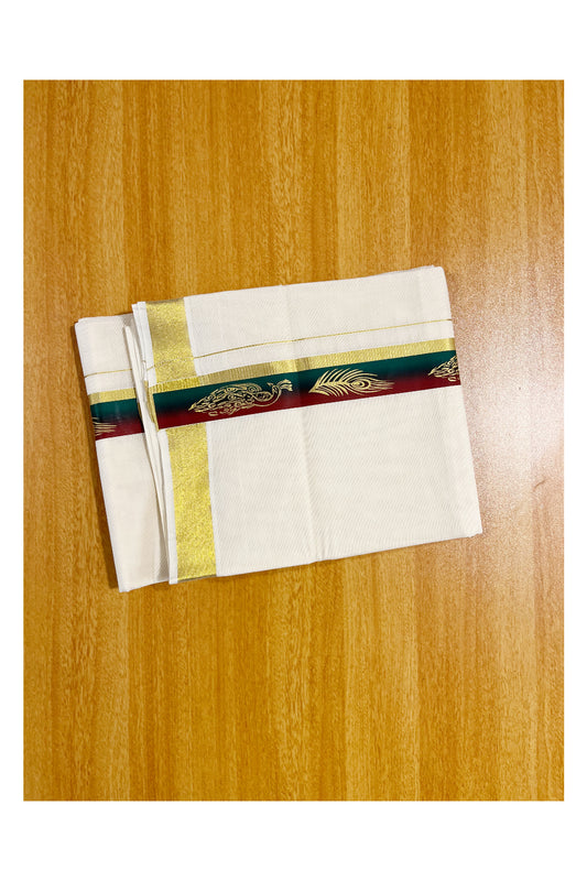 Southloom Pure Cotton Off White Double Mundu with Mural Printed Design Along Kasavu Kara