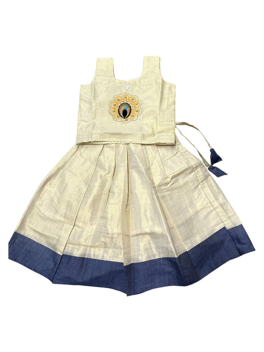 Southloom Kerala Tissue Kasavu Pavada Blouse with Embroidery Work for Kids